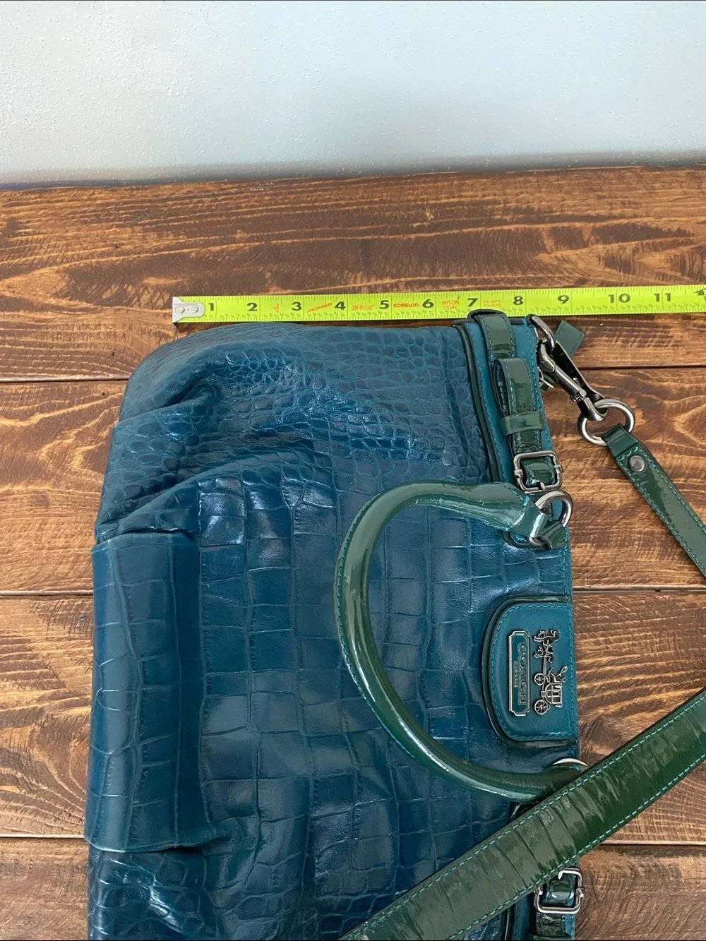 Coach Teal Croc-Embossed Leather Shoulder Bag with Dark Green Trim